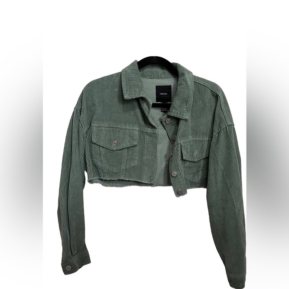 Forever 21 Trendy Cropped Olive Army Green Frayed Corduroy Jacket sz M NWOT cute - Picture 10 of 17